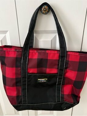 L.L. Bean Red and Black Buffalo Plaid Shoulder Tote